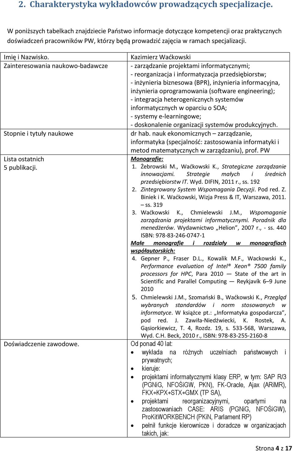 Zainteresowania naukowo-badawcze Stopnie i tytuły naukowe Lista ostatnich 5 publikacji. Doświadczenie zawodowe.