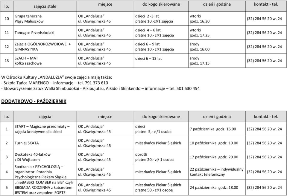 00 13 SZACH MAT kółko szachowe dzieci 6 13 lat środy godz. 17.15 W Ośrodku Kultury ANDALUZJA swoje zajęcia mają także: - Szkoła Tańca MARENGO informacje tel.