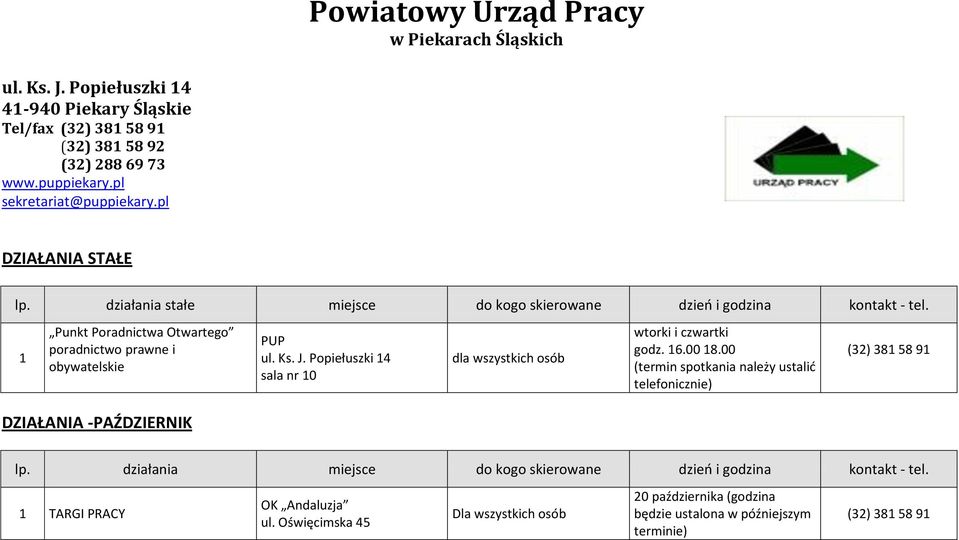 1 Punkt Poradnictwa Otwartego poradnictwo prawne i obywatelskie PUP ul. Ks. J. Popiełuszki 14 sala nr 10 dla wszystkich osób wtorki i czwartki godz. 16.00 18.