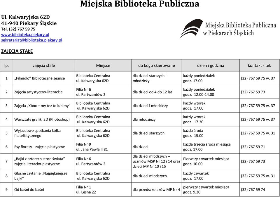 37 2 Zajęcia artystyczno-literackie Filia Nr 6 ul. Partyzantów 2 dla dzieci od 4 do 12 lat każdy poniedziałek godz. 12.00-14.