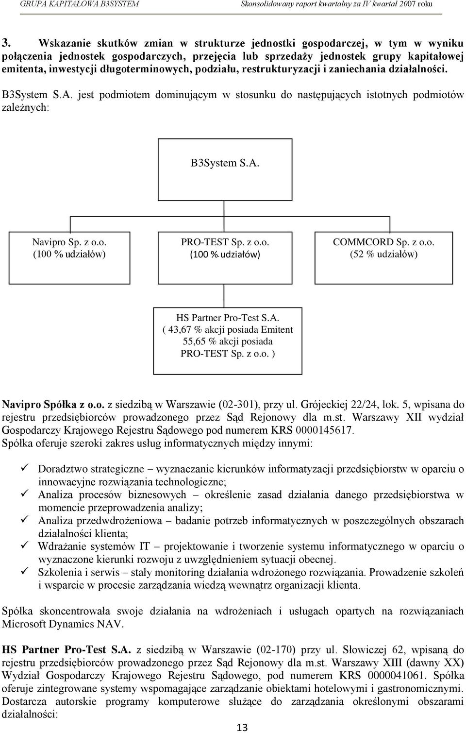 z o.o. (100 % udziałów) PRO-TEST Sp. z o.o. (100 % udziałów) COMMCORD Sp. z o.o. (52 % udziałów) HS Partner Pro-Test S.A. ( 43,67 % akcji posiada Emitent 55,65 % akcji posiada PRO-TEST Sp. z o.o. ) Navipro Spółka z o.