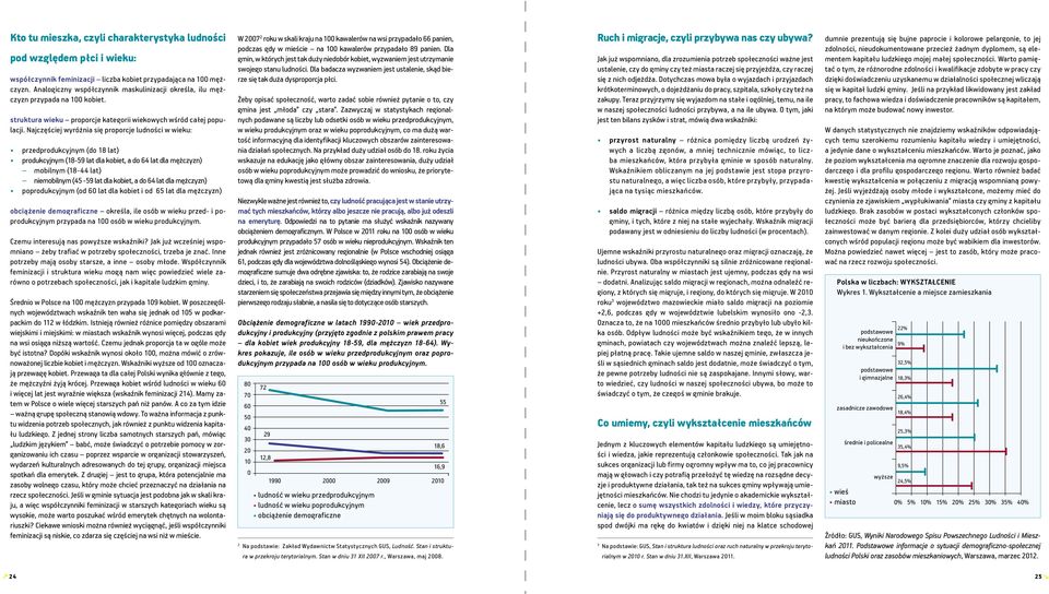 Najczęściej wyróżnia się proporcje ludności w wieku: przedprodukcyjnym (do 18 lat) produkcyjnym (18-59 lat dla kobiet, a do 64 lat dla mężczyzn) mobilnym (18-44 lat) niemobilnym (45-59 lat dla