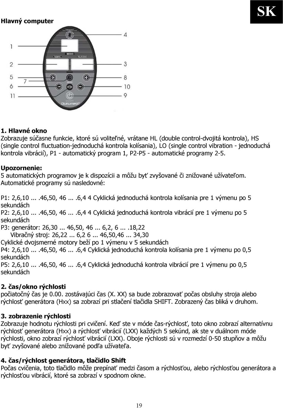 jednoduchá kontrola vibrácií), P1 - automatický program 1, P2-P5 - automatické programy 2-5. Upozornenie: 5 automatických programov je k dispozícii a môžu byť zvyšované či znižované užívateľom.