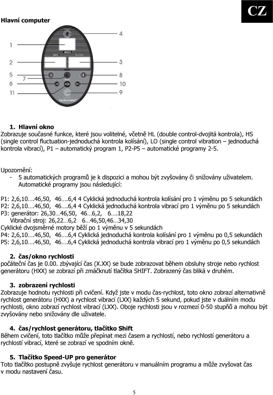 jednoduchá kontrola vibrací), P1 automatický program 1, P2-P5 automatické programy 2-5. Upozornění: - 5 automatických programů je k dispozici a mohou být zvyšovány či snižovány uživatelem.