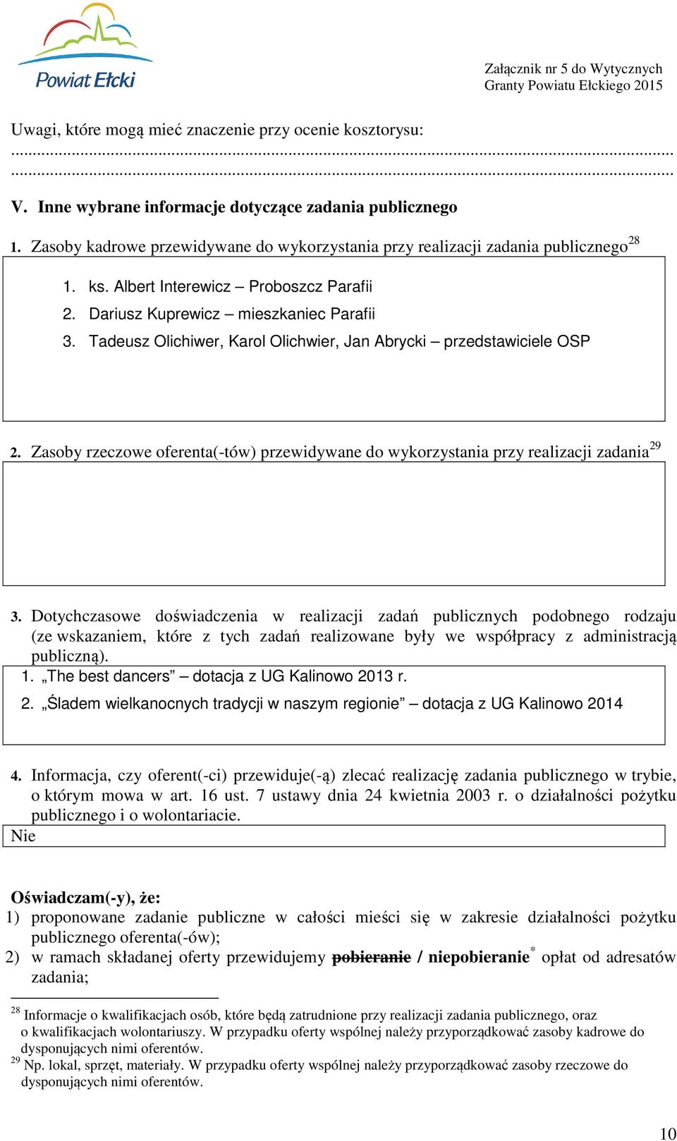 Tadeusz Olichiwer, Karol Olichwier, Jan Abrycki przedstawiciele OSP 2. Zasoby rzeczowe oferenta(-tów) przewidywane do wykorzystania przy realizacji zadania 29 3.