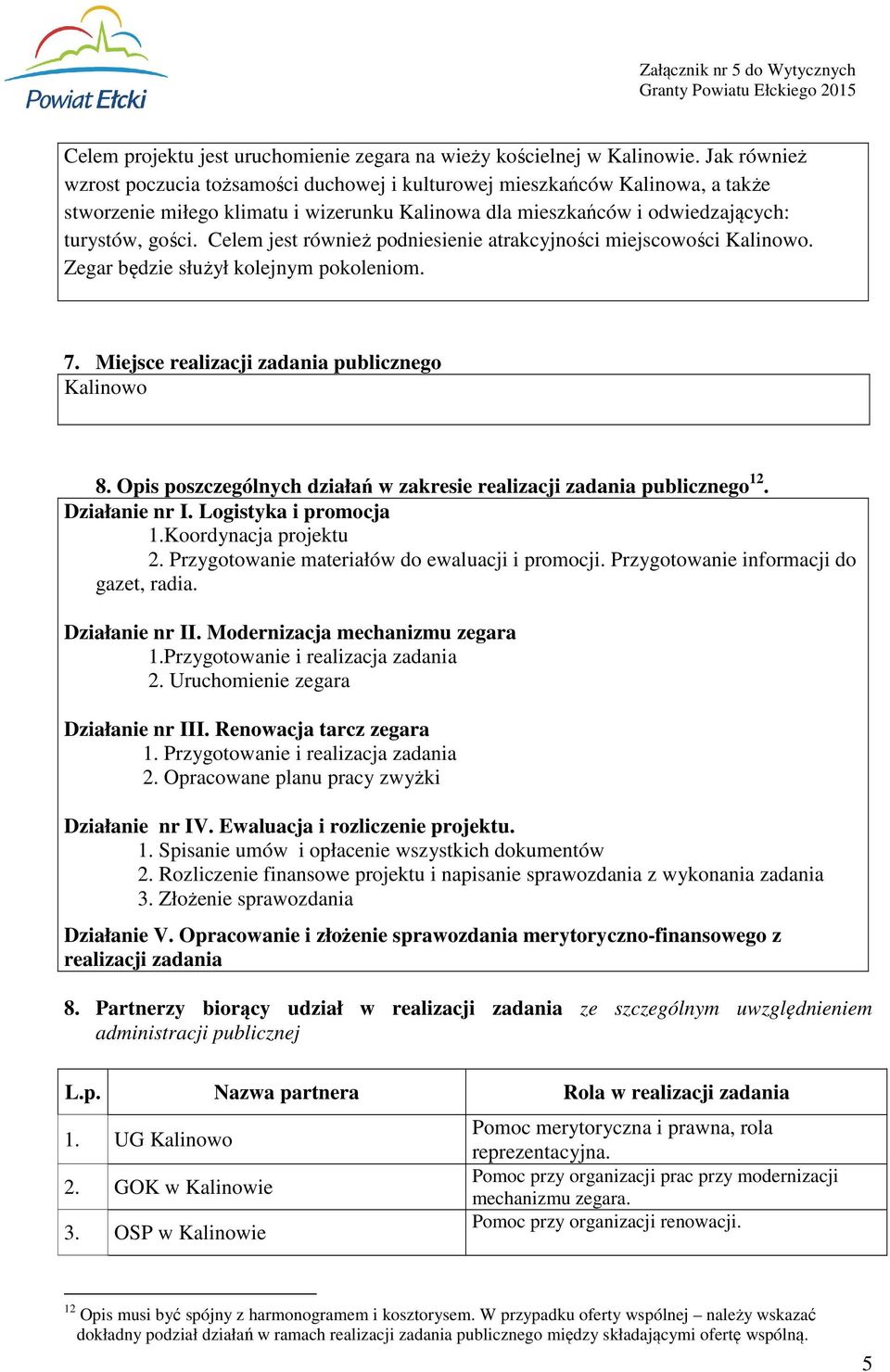 Celem jest również podniesienie atrakcyjności miejscowości Kalinowo. Zegar będzie służył kolejnym pokoleniom. 7. Miejsce realizacji zadania publicznego Kalinowo 8.