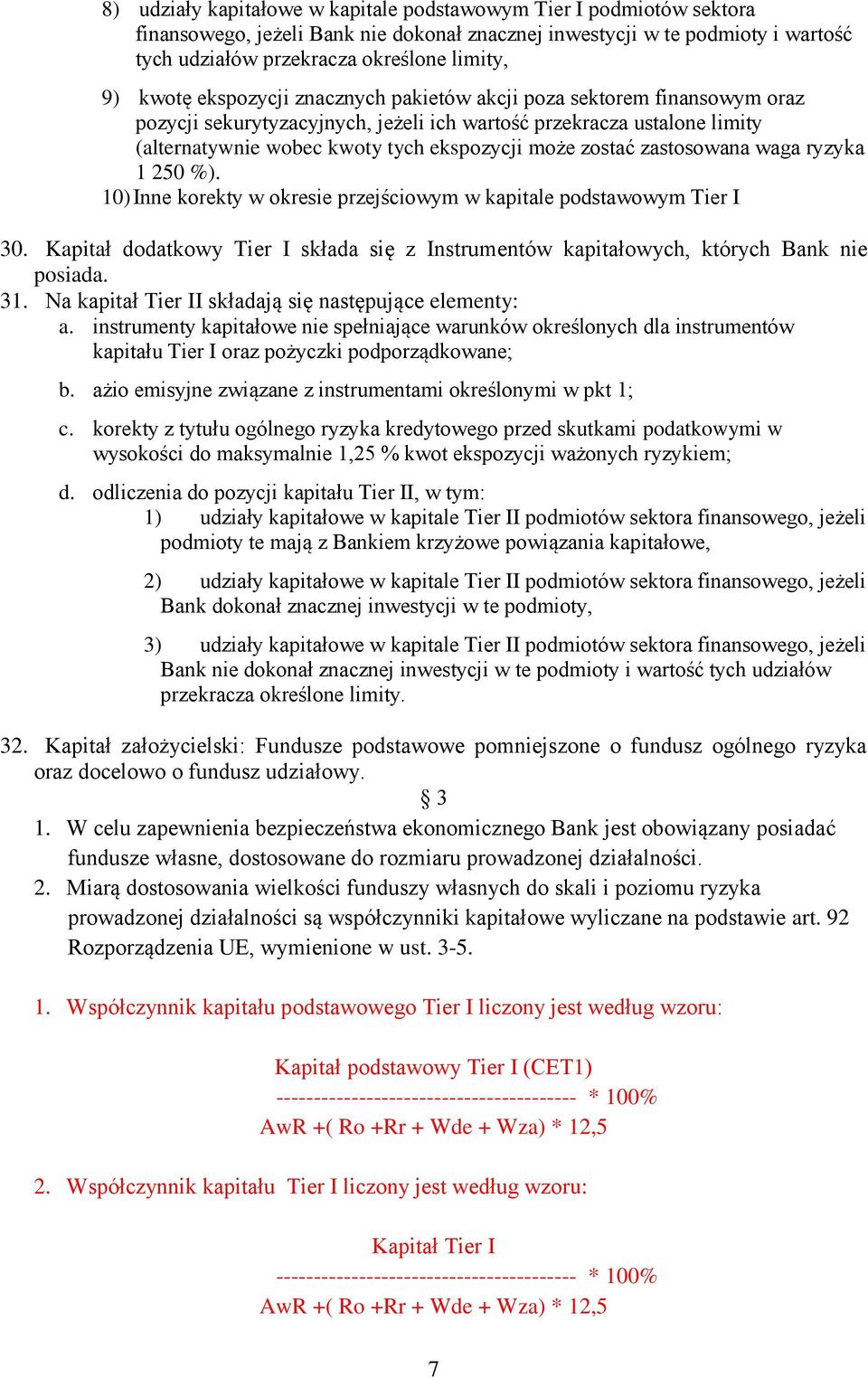 zastosowana waga ryzyka 1 250 %). 10) Inne korekty w okresie przejściowym w kapitale podstawowym Tier I 30. Kapitał dodatkowy Tier I składa się z Instrumentów kapitałowych, których Bank nie posiada.