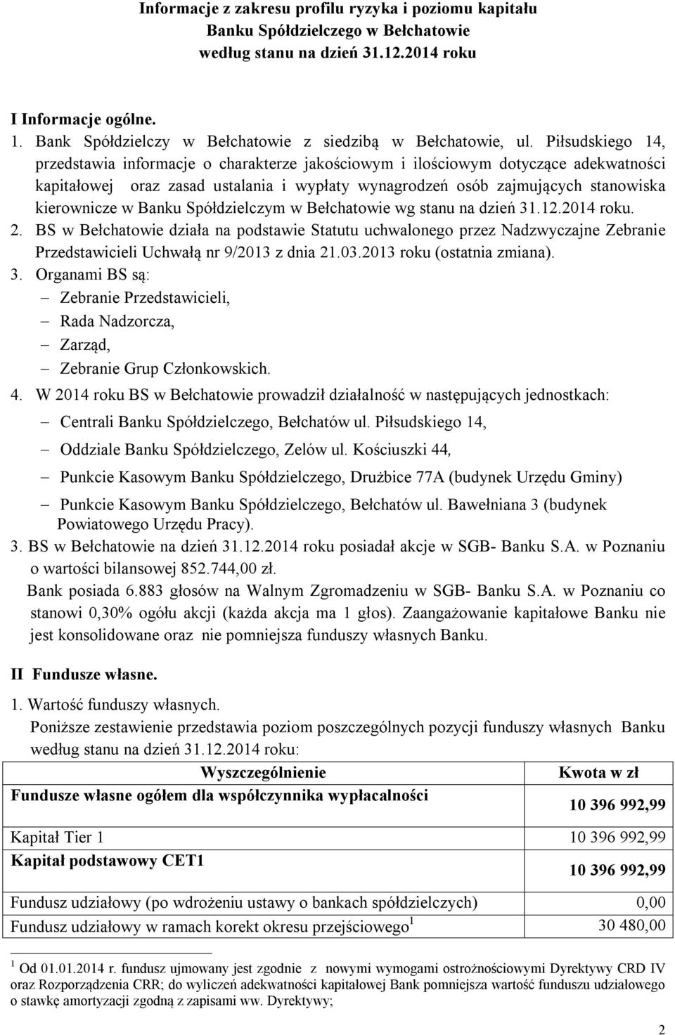 Piłsudskiego 14, przedstawia informacje o charakterze jakościowym i ilościowym dotyczące adekwatności kapitałowej oraz zasad ustalania i wypłaty wynagrodzeń osób zajmujących stanowiska kierownicze w