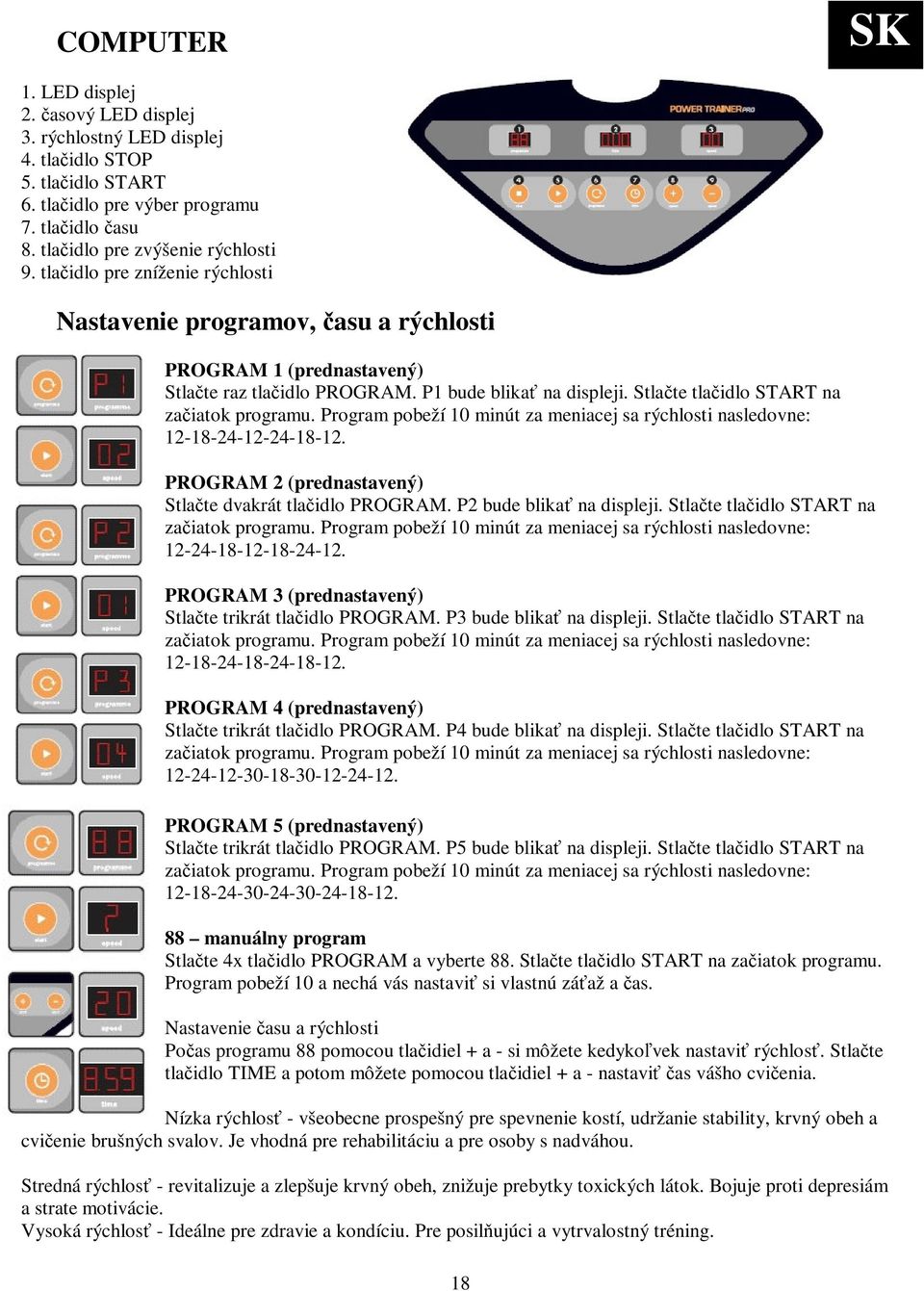 Program pobeží 10 minút za meniacej sa rýchlosti nasledovne: 12-18-24-12-24-18-12. PROGRAM 2 (prednastavený) Stlate dvakrát tlaidlo PROGRAM. P2 bude blika na displeji.