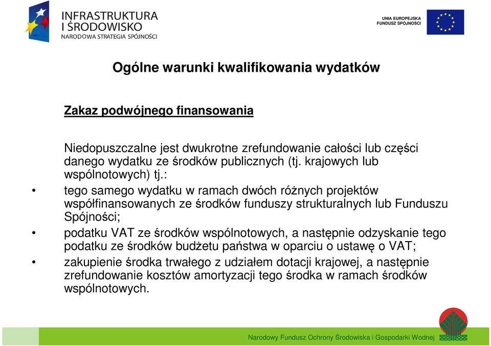 : tego samego wydatku w ramach dwóch różnych projektów współfinansowanych ze środków funduszy strukturalnych lub Funduszu Spójności; podatku VAT ze