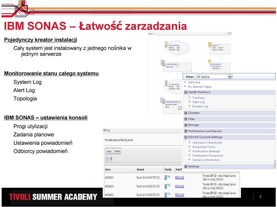 calego systemu System Log Alert Log Topologia IBM SONAS ustawienia konsoli