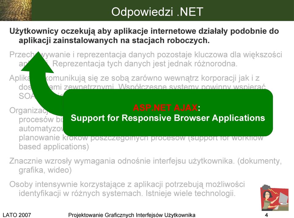 Aplikacje komunikują się ze sobą zarówno wewnątrz korporacji jak i z dostawcami zewnętrznymi. Współczesne systemy powinny wspierać SOA (Service Oriented Architecture) ASP.