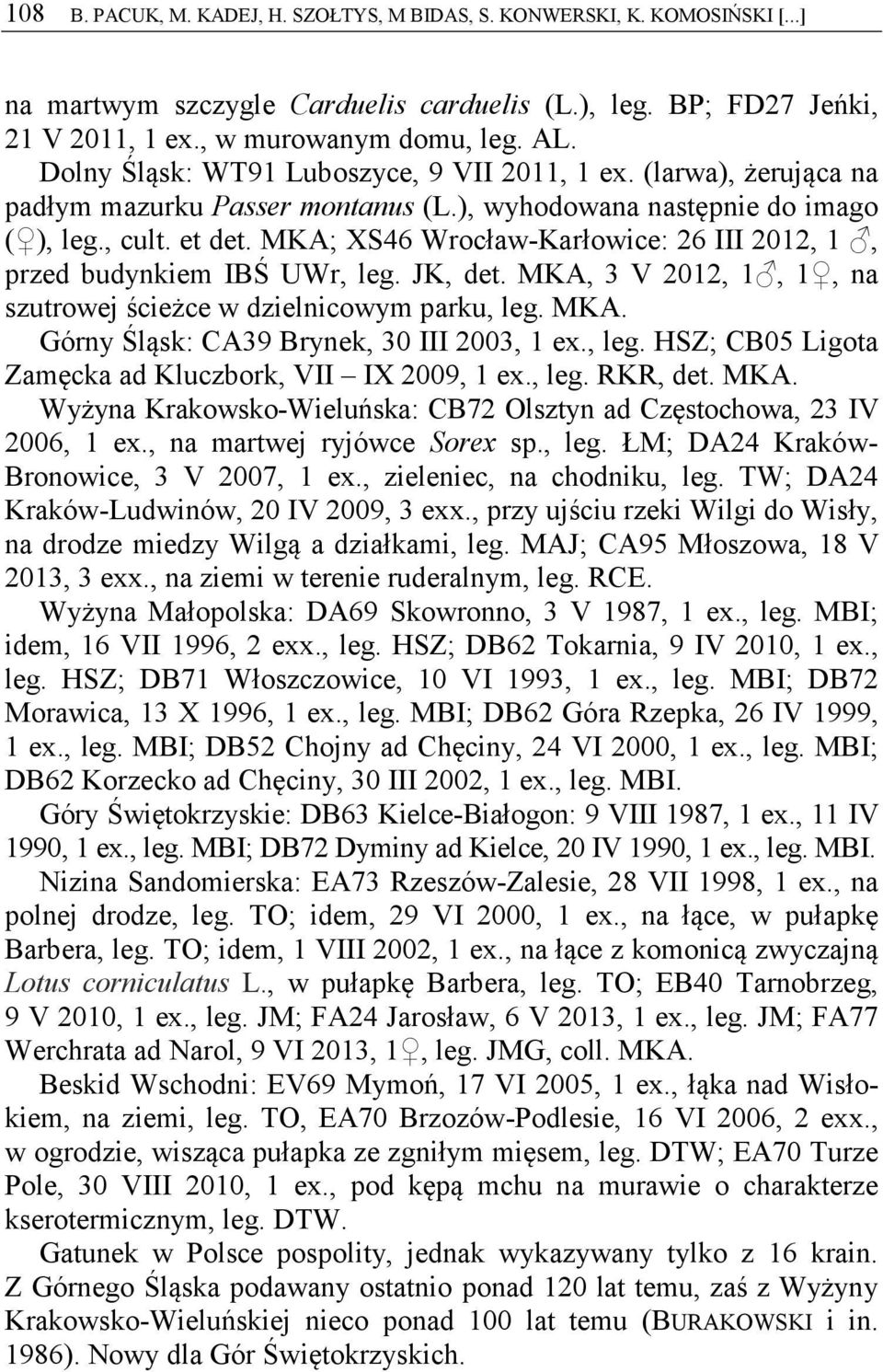 MKA; XS46 Wrocław-Karłowice: 26 III 2012, 1, przed budynkiem IBŚ UWr, leg. JK, det. MKA, 3 V 2012, 1, 1, na szutrowej ścieżce w dzielnicowym parku, leg. MKA. Górny Śląsk: CA39 Brynek, 30 III 2003, 1 ex.