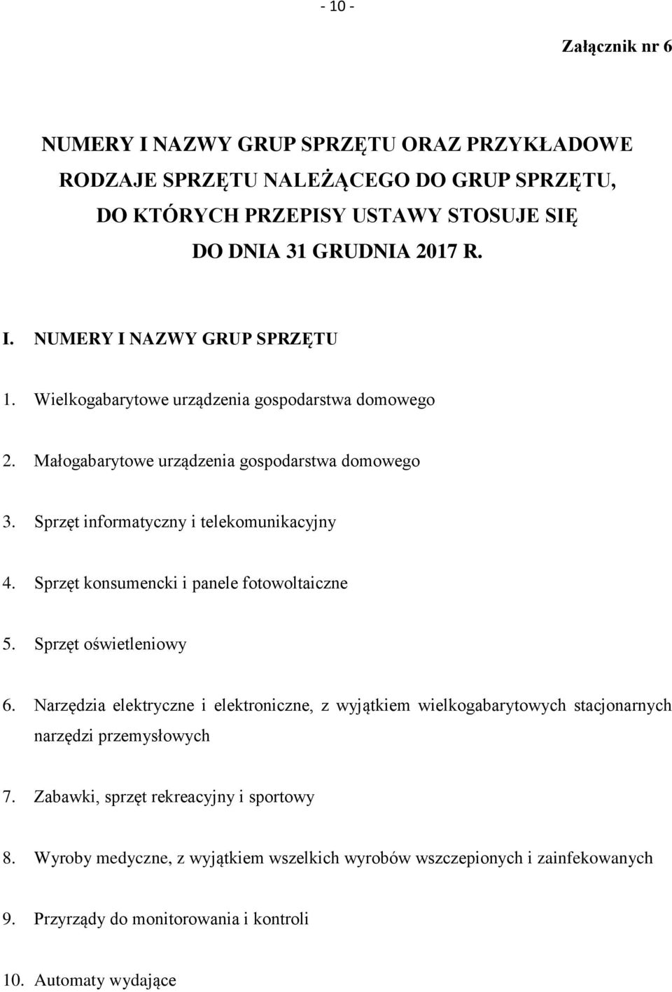 Sprzęt konsumencki i panele fotowoltaiczne 5. Sprzęt oświetleniowy 6. Narzędzia elektryczne i elektroniczne, z wyjątkiem wielkogabarytowych stacjonarnych narzędzi przemysłowych 7.