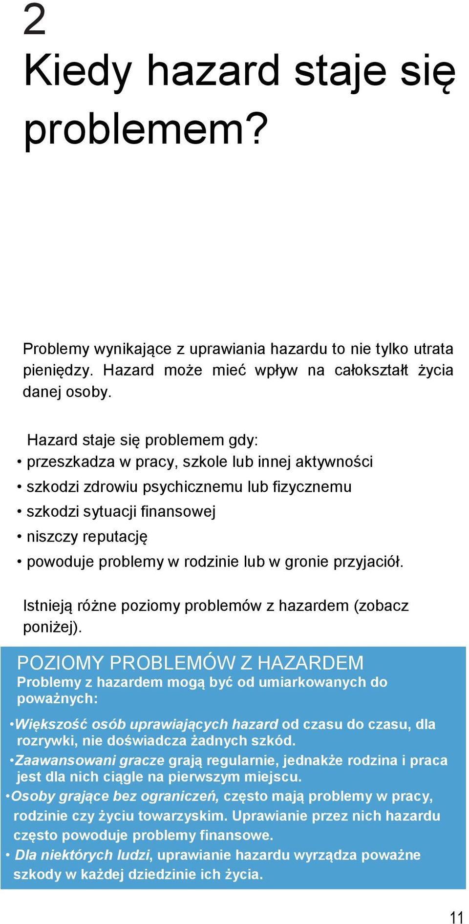 lub w gronie przyjaciół. Istnieją różne poziomy problemów z hazardem (zobacz poniżej).