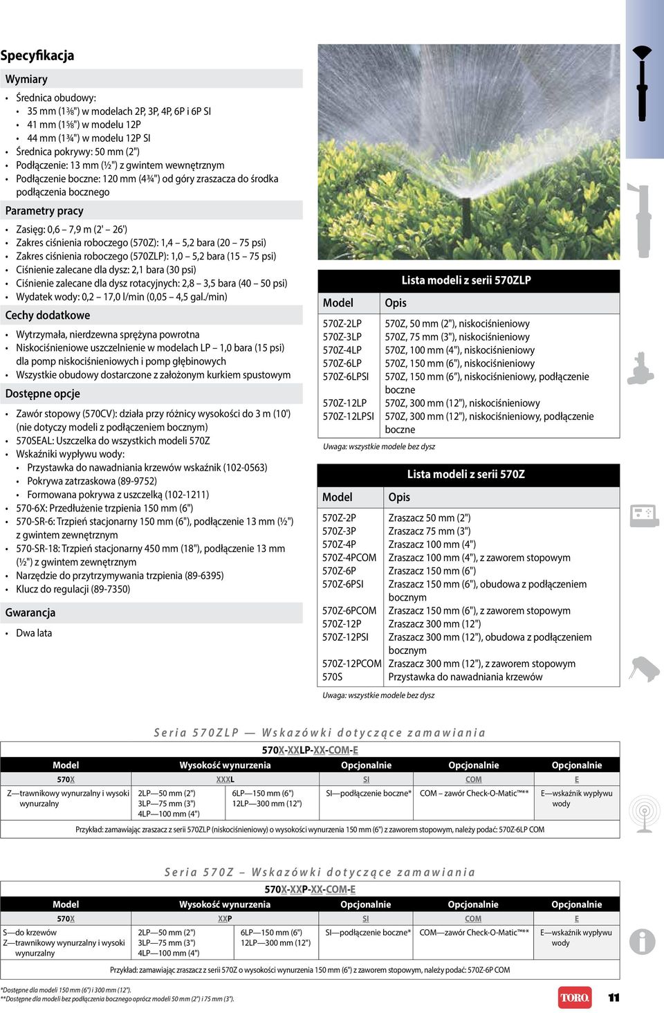 psi) Zakres ciśnienia roboczego (570ZLP): 1,0 5,2 bara (15 75 psi) Ciśnienie zalecane dla dysz: 2,1 bara (30 psi) Ciśnienie zalecane dla dysz rotacyjnych: 2,8 3,5 bara (40 50 psi) Wydatek wody: 0,2