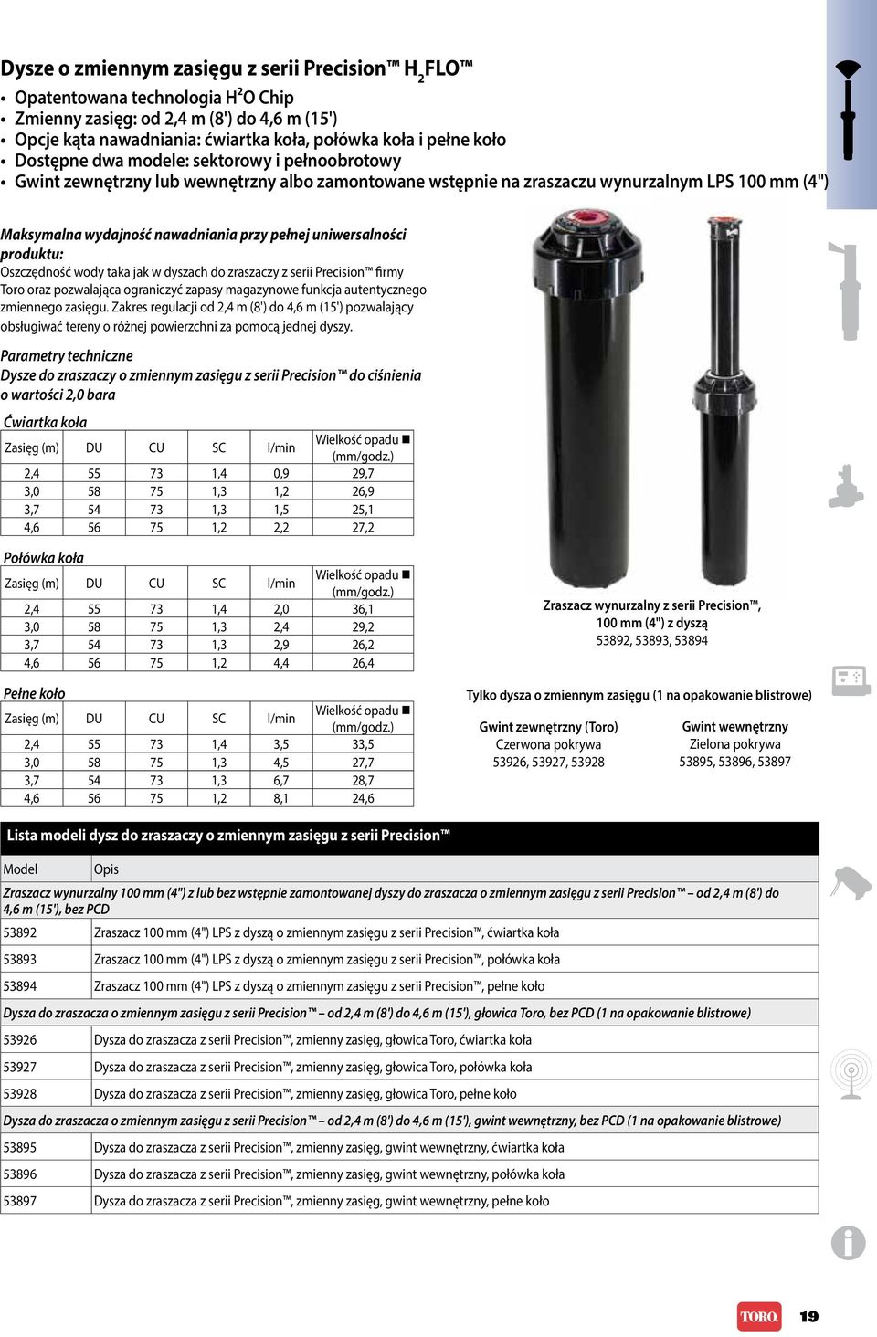 uniwersalności produktu: Oszczędność wody taka jak w dyszach do zraszaczy z serii Precision firmy Toro oraz pozwalająca ograniczyć zapasy magazynowe funkcja autentycznego zmiennego zasięgu.