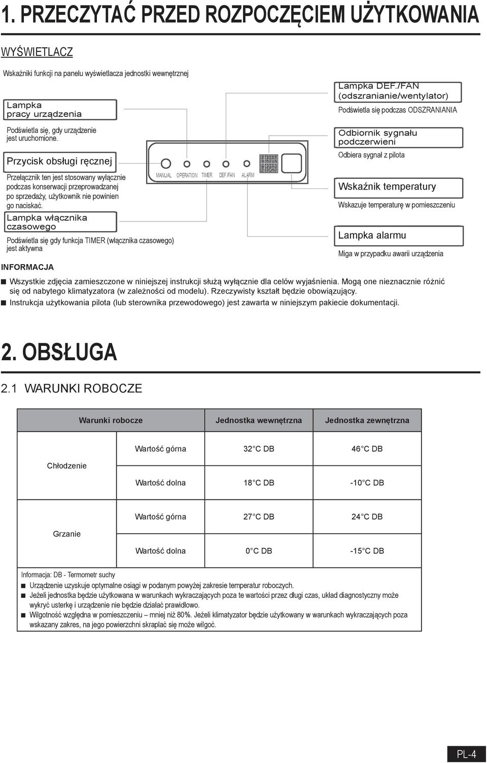 /FAN (odszranianie/wentylator) Podświetla się podczas ODSZRANIANIA Odbiornik sygnału podczerwieni Odbiera sygnał z pilota Przełącznik ten jest stosowany wyłącznie podczas konserwacji przeprowadzanej