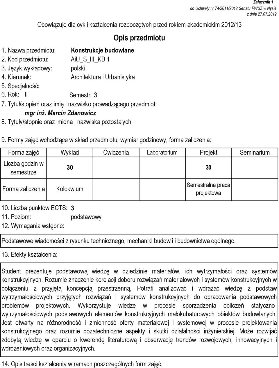 Tytuły/stopnie oraz imiona i nazwiska pozostałych Załącznik 1 do Uchwały nr 74/2011/2012 Senatu PWSZ w Nysie z dnia 27.07.