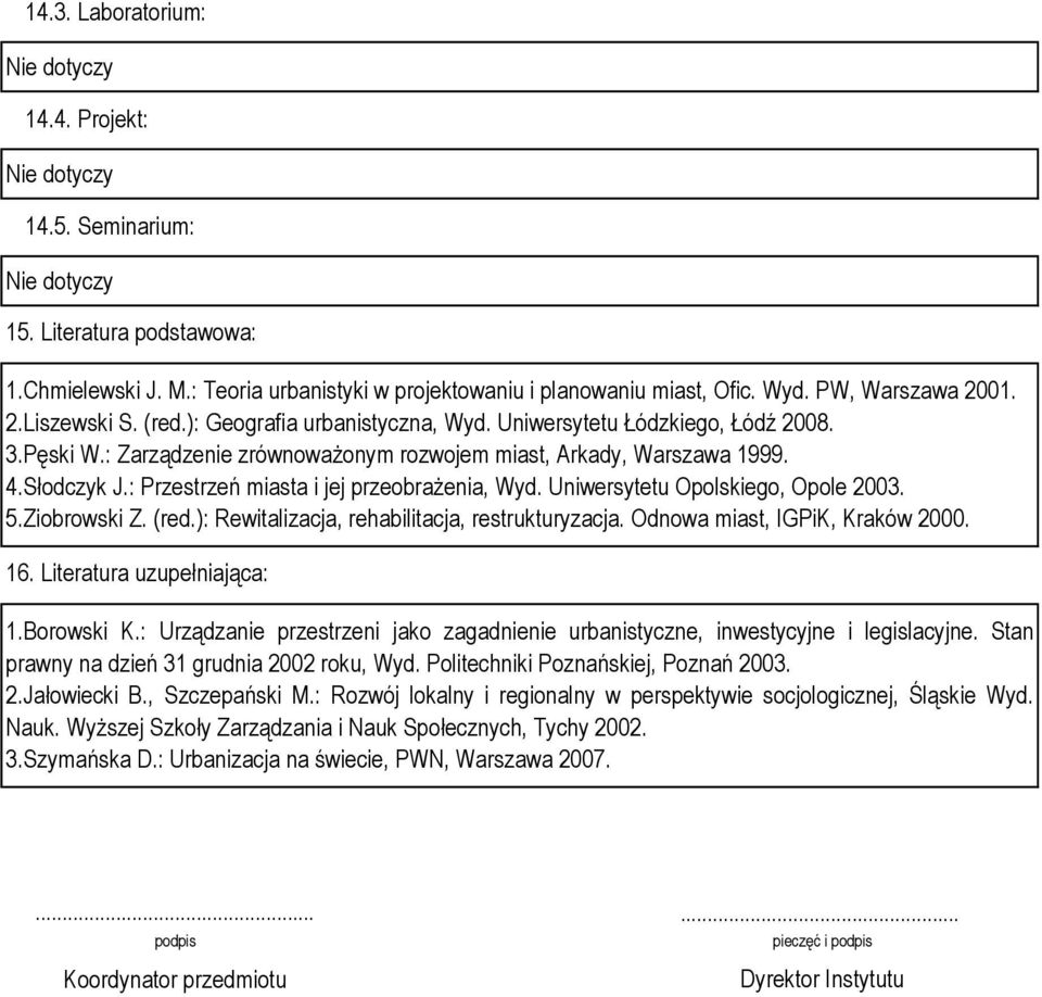 : Przestrzeń miasta i jej przeobrażenia, Wyd. Uniwersytetu Opolskiego, Opole 2003. 5.Ziobrowski Z. (red.): Rewitalizacja, rehabilitacja, restrukturyzacja. Odnowa miast, IGPiK, Kraków 2000. 16.