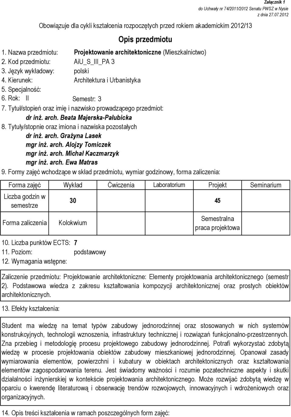 arch. Alojzy Tomiczek mgr inż. arch. Michał Kaczmarzyk mgr inż. arch. Ewa Matras 9. Formy zajęć wchodzące w skład przedmiotu, wymiar godzinowy, forma zaliczenia: 10. Liczba punktów ECTS: 7 11.