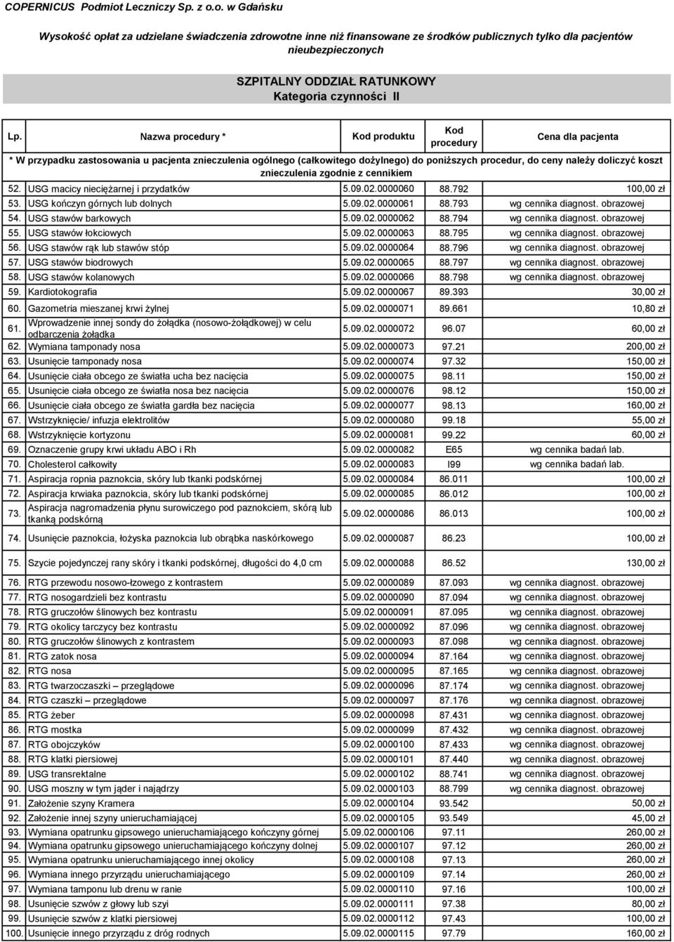 792 100,00 zł 53. USG kończyn górnych lub dolnych 5.09.02.0000061 88.793 wg cennika diagnost. obrazowej 54. USG stawów barkowych 5.09.02.0000062 88.794 wg cennika diagnost. obrazowej 55.