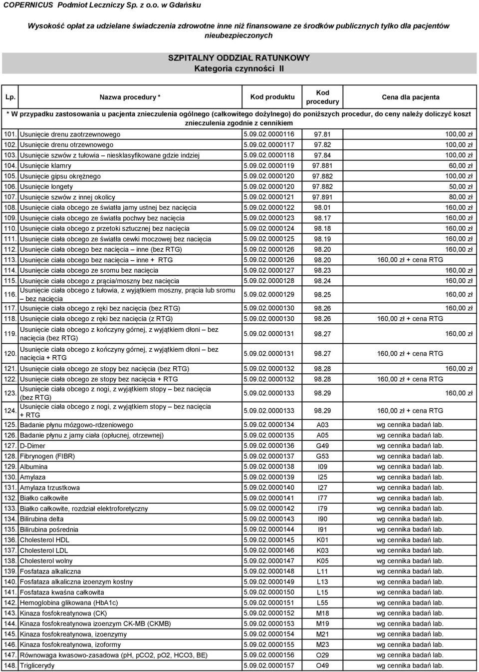 81 100,00 zł 102. Usunięcie drenu otrzewnowego 5.09.02.0000117 97.82 100,00 zł 103. Usunięcie szwów z tułowia niesklasyfikowane gdzie indziej 5.09.02.0000118 97.84 100,00 zł 104. Usunięcie klamry 5.