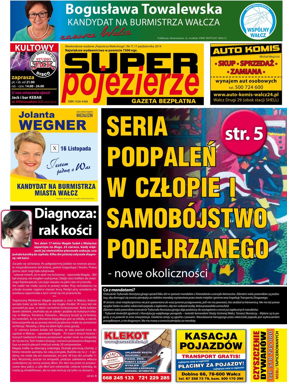 ISBN 1426-4366 Jolanta WEGNER Bogusława Towalewska KANDYDAT NA BURMISTRZA WAŁCZA GAZETA BEZPŁATNA SERIA Publikacja sfinansowana ze środków KWW WSPÓLNY WAŁCZ AUTO KOMIS Michał Wojcicki SKUP SPRZEDAŻ