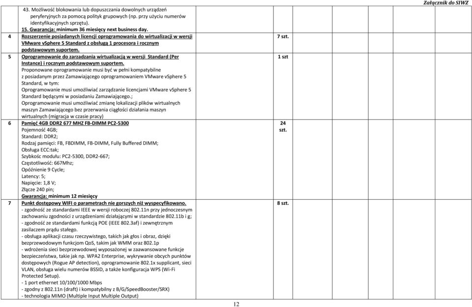 4 Rozszerzenie posiadanych licencji oprogramowania do wirtualizacji w wersji VMware vsphere 5 Standard z obsługą 1 procesora i rocznym podstawowym suportem.