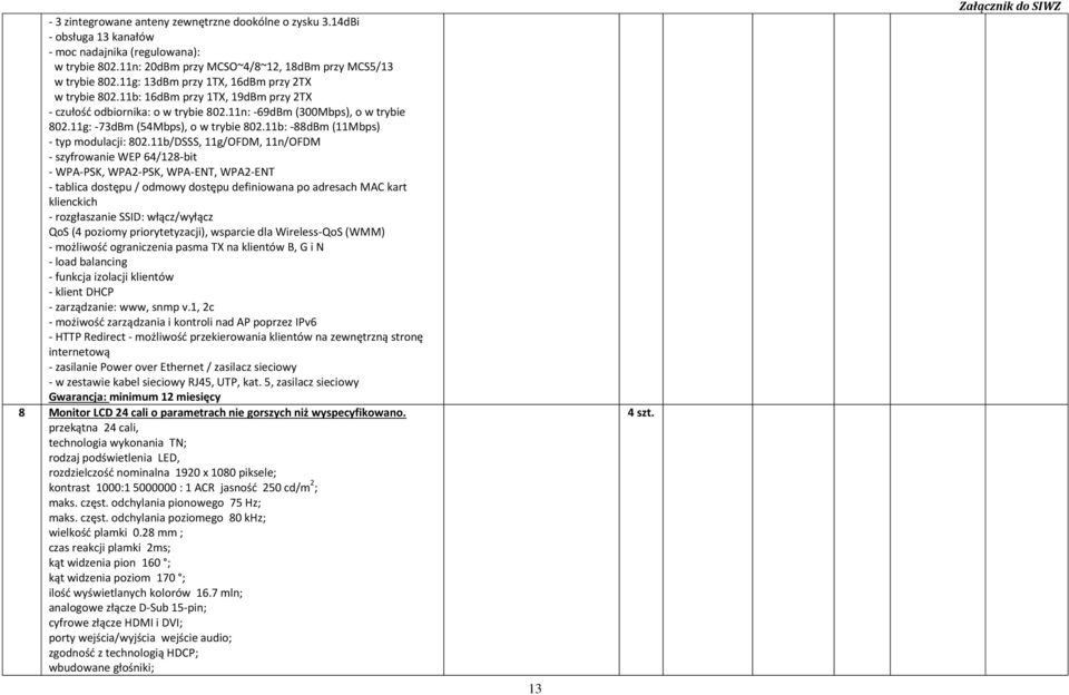11b: -88dBm (11Mbps) - typ modulacji: 802.