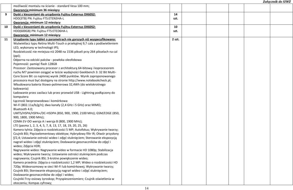 wyspecyfikowano: Wyświetlacz typu Retina Multi-Touch o przekątnej 9,7 cala z podświetleniem LED, wykonany w technologii IPS; Rozdzielczość nie mniejsza niż 2048 na 1536 pikseli przy 264 pikselach na