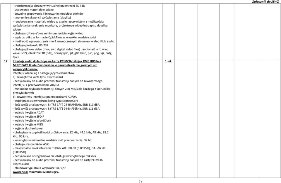 formacie QuickTime w wysokiej rozdzielczości - możliwość wprowadzenia min 4 równoczesnych strumieni wideo i/lub audio - obsługa protokołu RS-232 - obsługa plików video (mov, swf, digital video