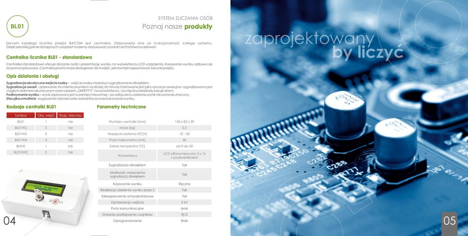 Centralka licznika BL01 - standardowa Centralka standardowa oferuje zlicza osób i prezentację wyniku na wyświetlaczu LCD urządzenia. Kasowa wyniku odbywa się za pomocą kluczyka.