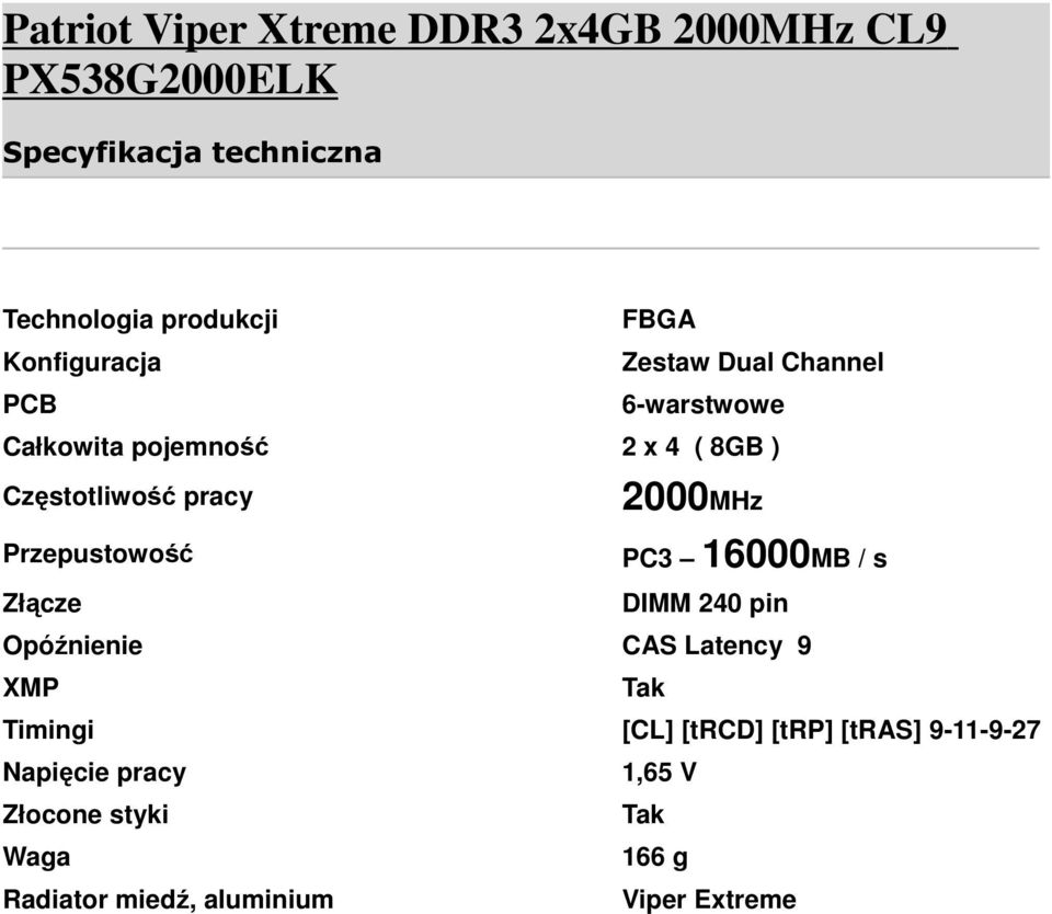 Przepustowość Złącze 2000MHz PC3 16000MB / s DIMM 240 pin Opóźnienie CAS Latency 9 XMP Timingi [CL]