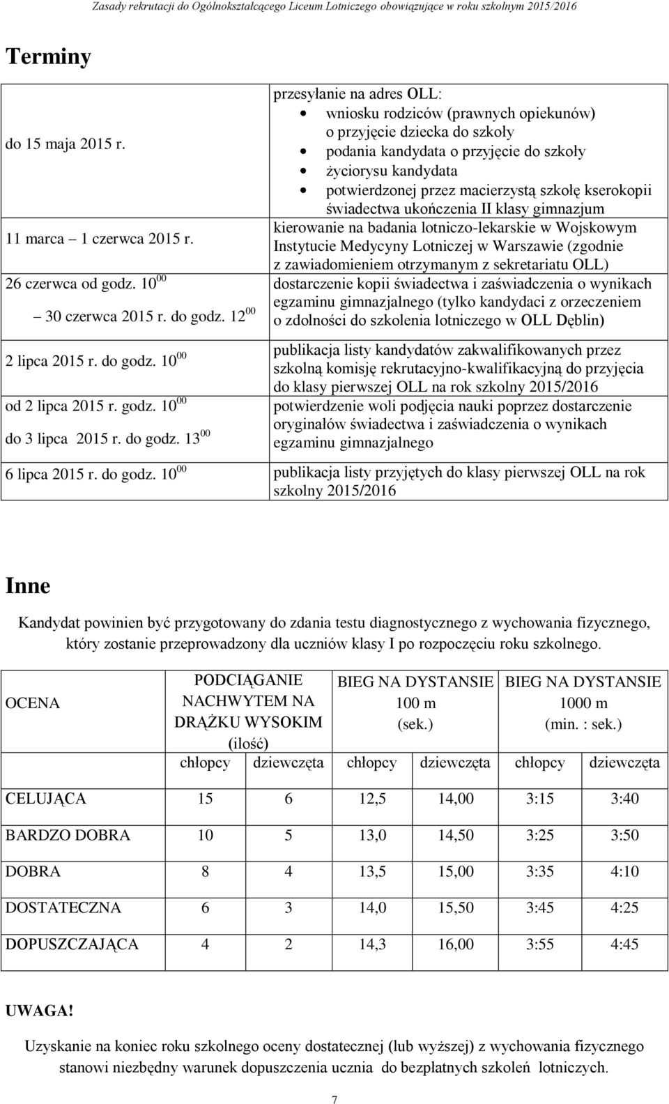 kserokopii świadectwa ukończenia II klasy gimnazjum kierowanie na badania lotniczo-lekarskie w Wojskowym Instytucie Medycyny Lotniczej w Warszawie (zgodnie z zawiadomieniem otrzymanym z sekretariatu