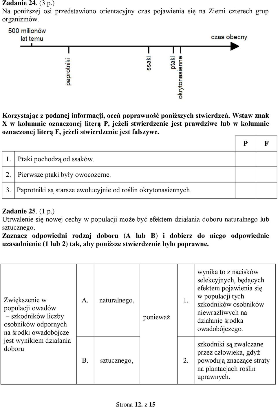 . Pierwsze ptaki były owocożerne. 3. Paprotniki są starsze ewolucyjnie od roślin okrytonasiennych. P F Zadanie 5. ( p.