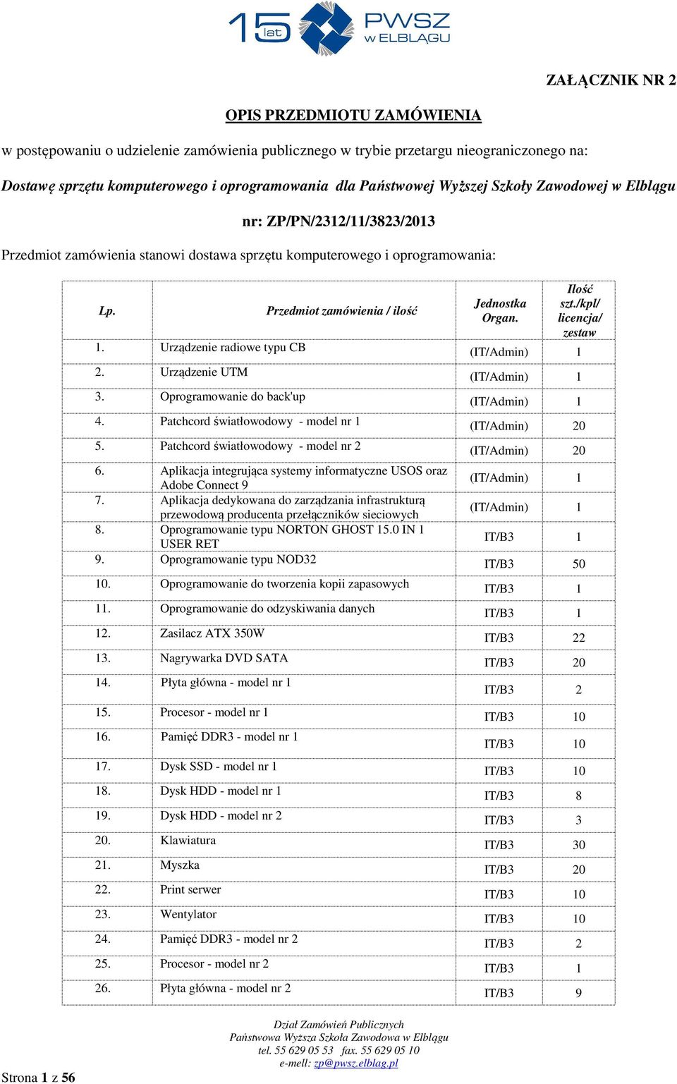 /kpl/ licencja/ zestaw 1. Urządzenie radiowe typu CB (IT/Admin) 1 2. Urządzenie UTM (IT/Admin) 1 3. Oprogramowanie do back'up (IT/Admin) 1 4. Patchcord światłowodowy - model nr 1 (IT/Admin) 20 5.