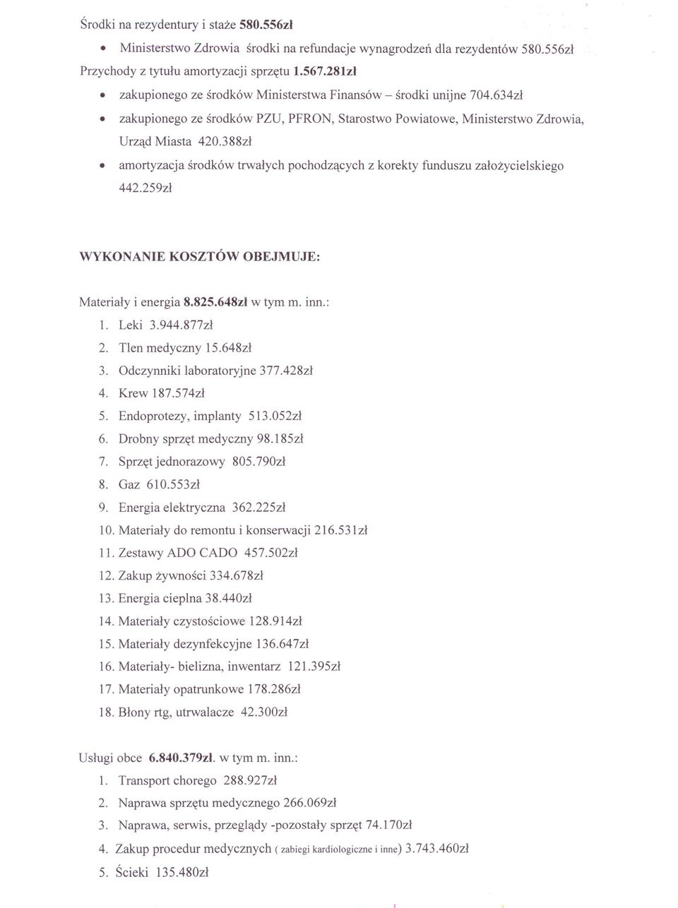 388zł amortyzacja środków trwałych pochodzących z korekty funduszu założycielskiego 442.259zł WYKONANIE KOSZTÓW OBEJMUJE: Materiały i energia 8.825.648zł w tym m. inn.: 1. Leki 3.944.877zł 2.