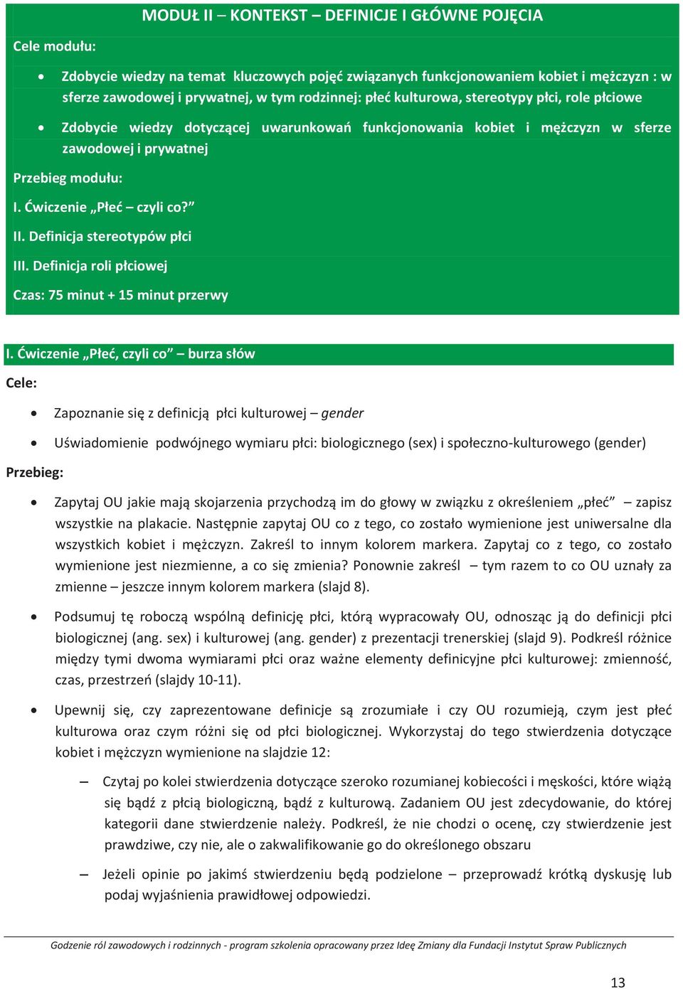 Definicja stereotypów płci III. Definicja roli płciowej Czas: 75 minut + 15 minut przerwy I.