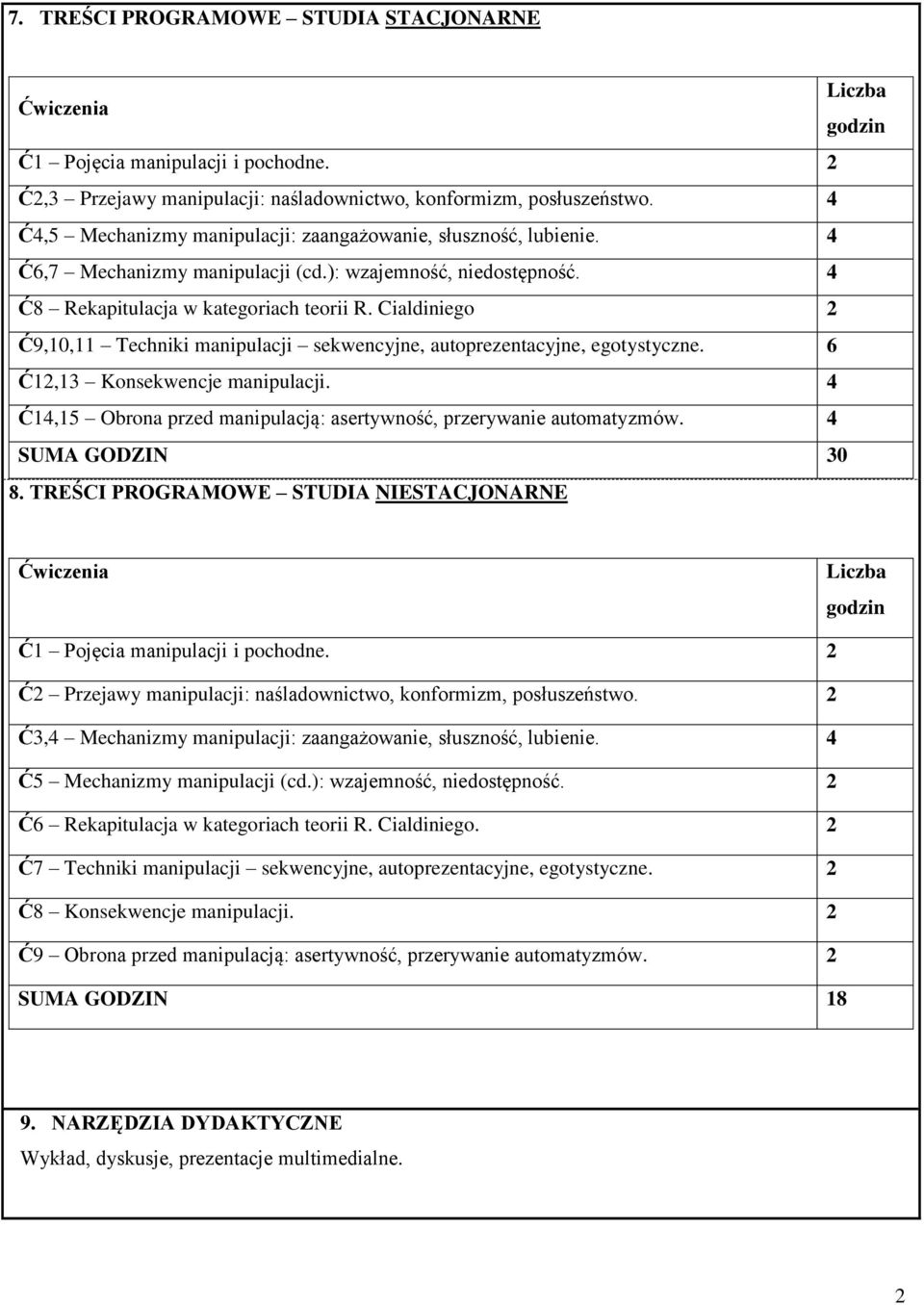 Cialdiniego 2 Ć9,0, Techniki manipulacji sekwencyjne, autoprezentacyjne, egotystyczne. 6 Ć2,3 Konsekwencje manipulacji. 4 Ć4,5 Obrona przed manipulacją: asertywność, przerywanie automatyzmów.