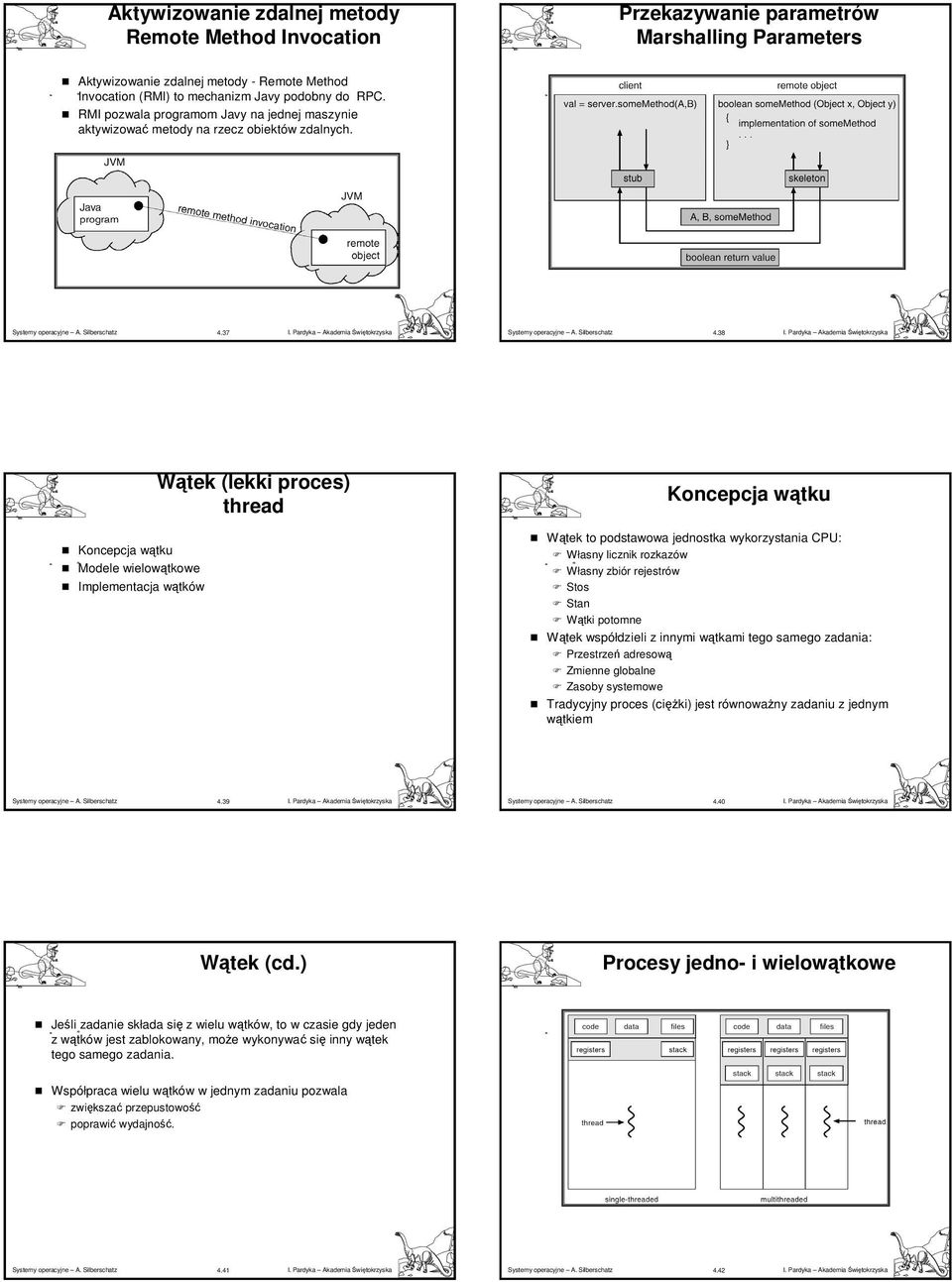 38 Koncepcja wątku Modele wielowątkowe Implementacja wątków Wątek (lekki proces) thread Koncepcja wątku Wątek to podstawowa jednostka wykorzystania CPU: Własny licznik rozkazów Własny zbiór rejestrów