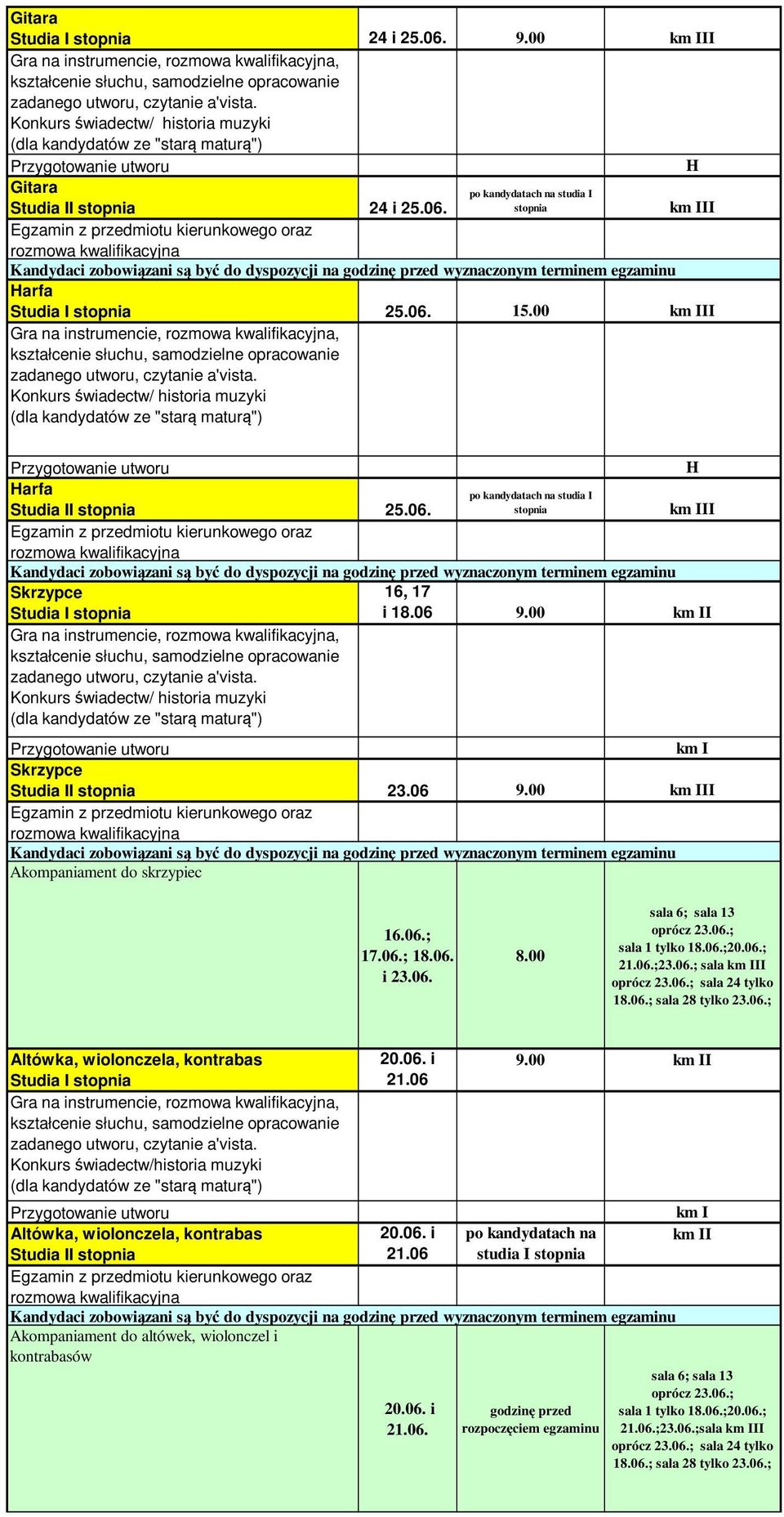 06.; sala km III oprócz 23.06.; sala 24 tylko 18.06.; sala 28 tylko 23.06.; Altówka, wiolonczela, kontrabas Gra na instrumencie,, Konkurs świadectw/historia muzyki 20.06. i 21.06 9.