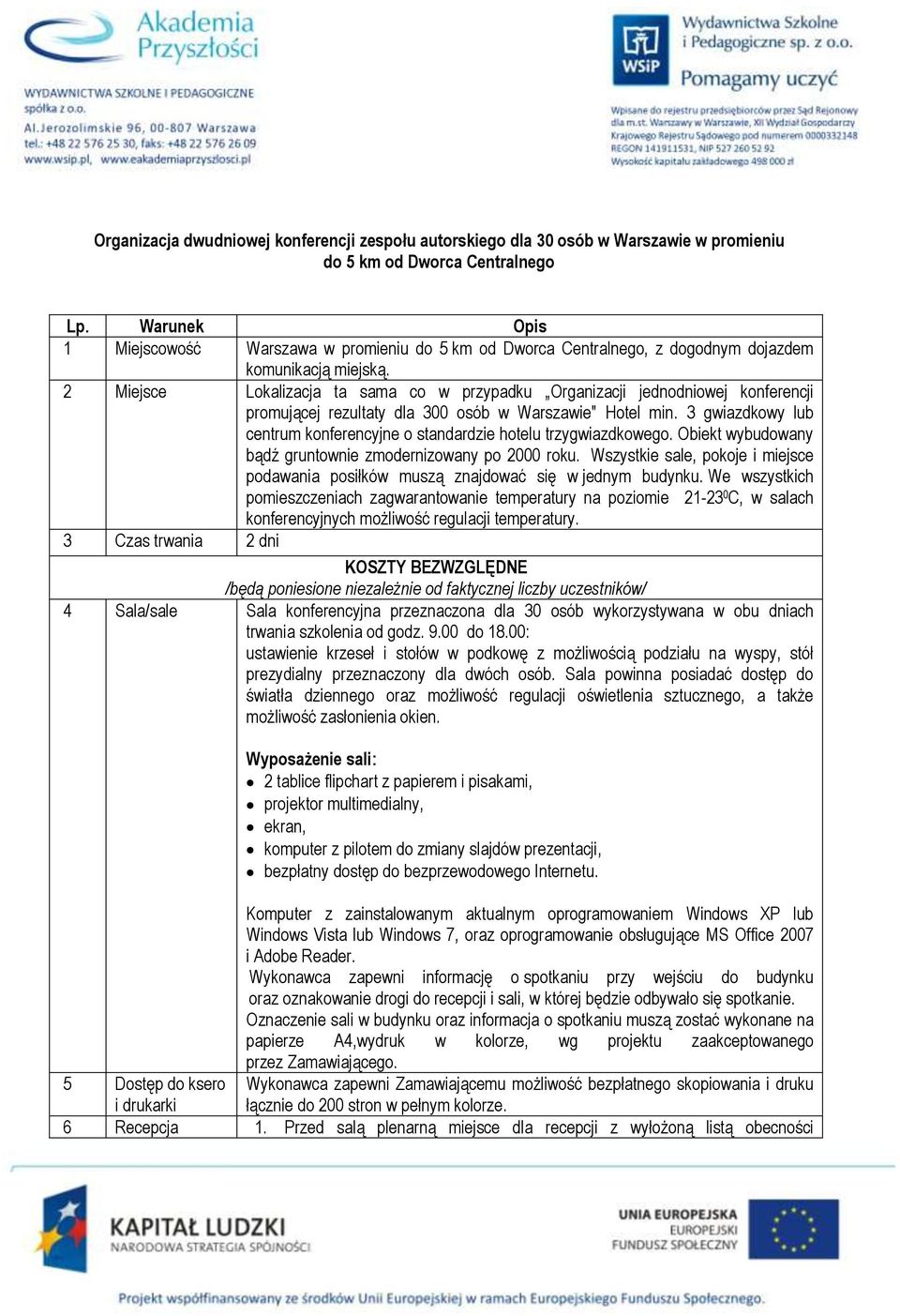 2 Miejsce Lokalizacja ta sama co w przypadku Organizacji jednodniowej konferencji promującej rezultaty dla 300 osób w Warszawie" Hotel min.