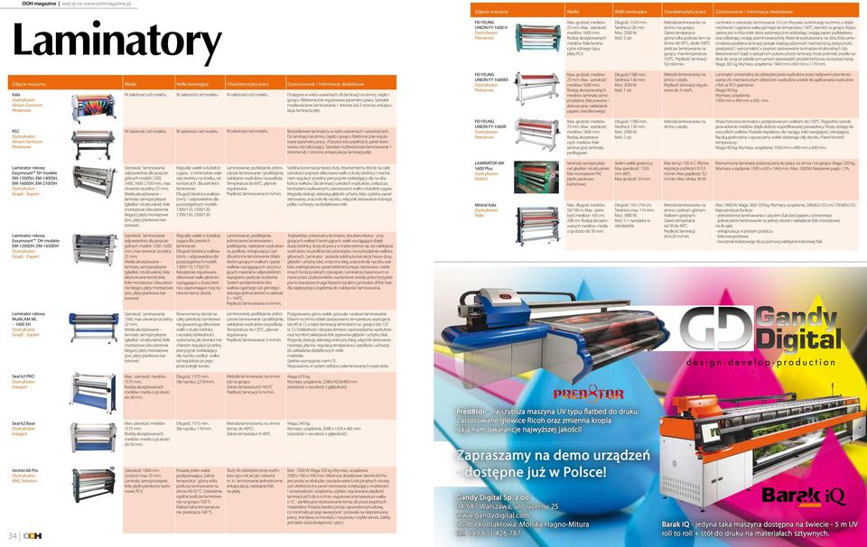 Zakres temperatur: górna rolka podczas lam na zimno 40-50 C, około 100 C podczas laminowania na gorąco, max temperatura: 150 C. Prędkość laminacji: 5,0 mb/min.