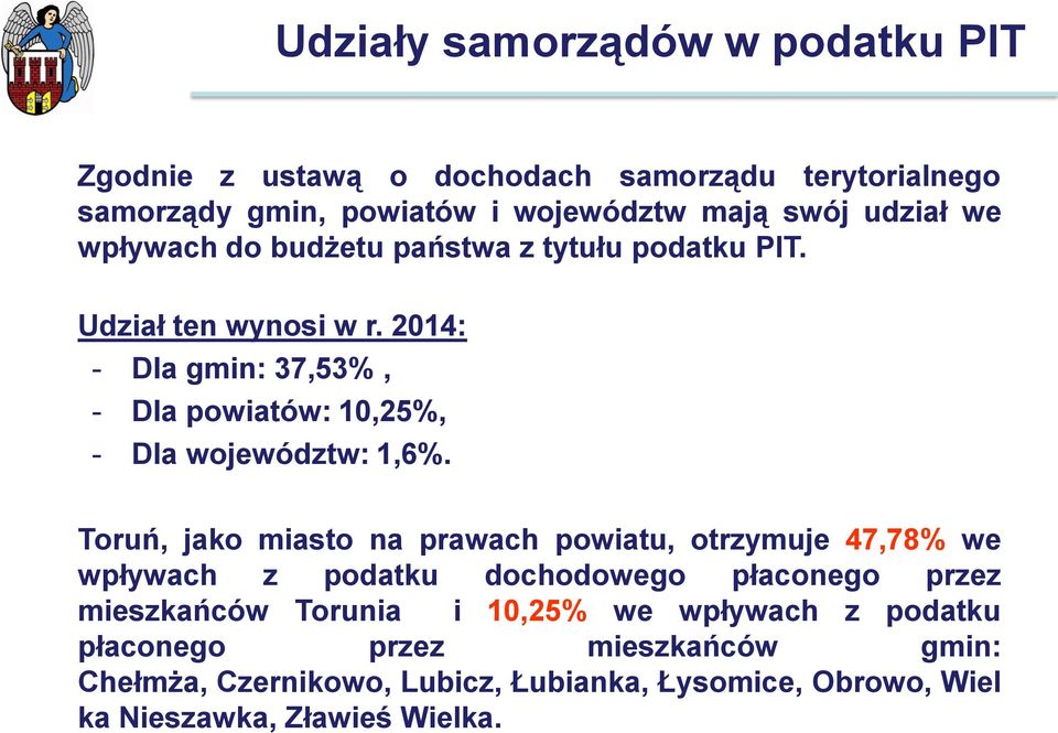 2014: - Dla gmin: 37,53%, - Dla powiatów: 10,25%, - Dla województw: 1,6%.