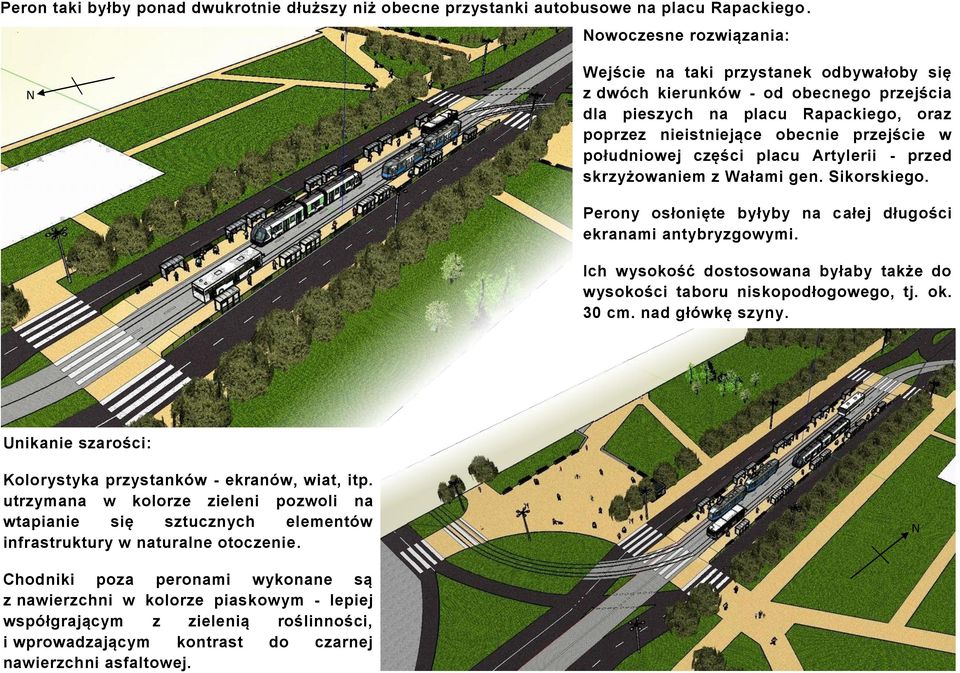 południowej części placu Artylerii - przed skrzyżowaniem z Wałami gen. Sikorskiego. Perony osłonięte byłyby na całej długości ekranami antybryzgowymi.