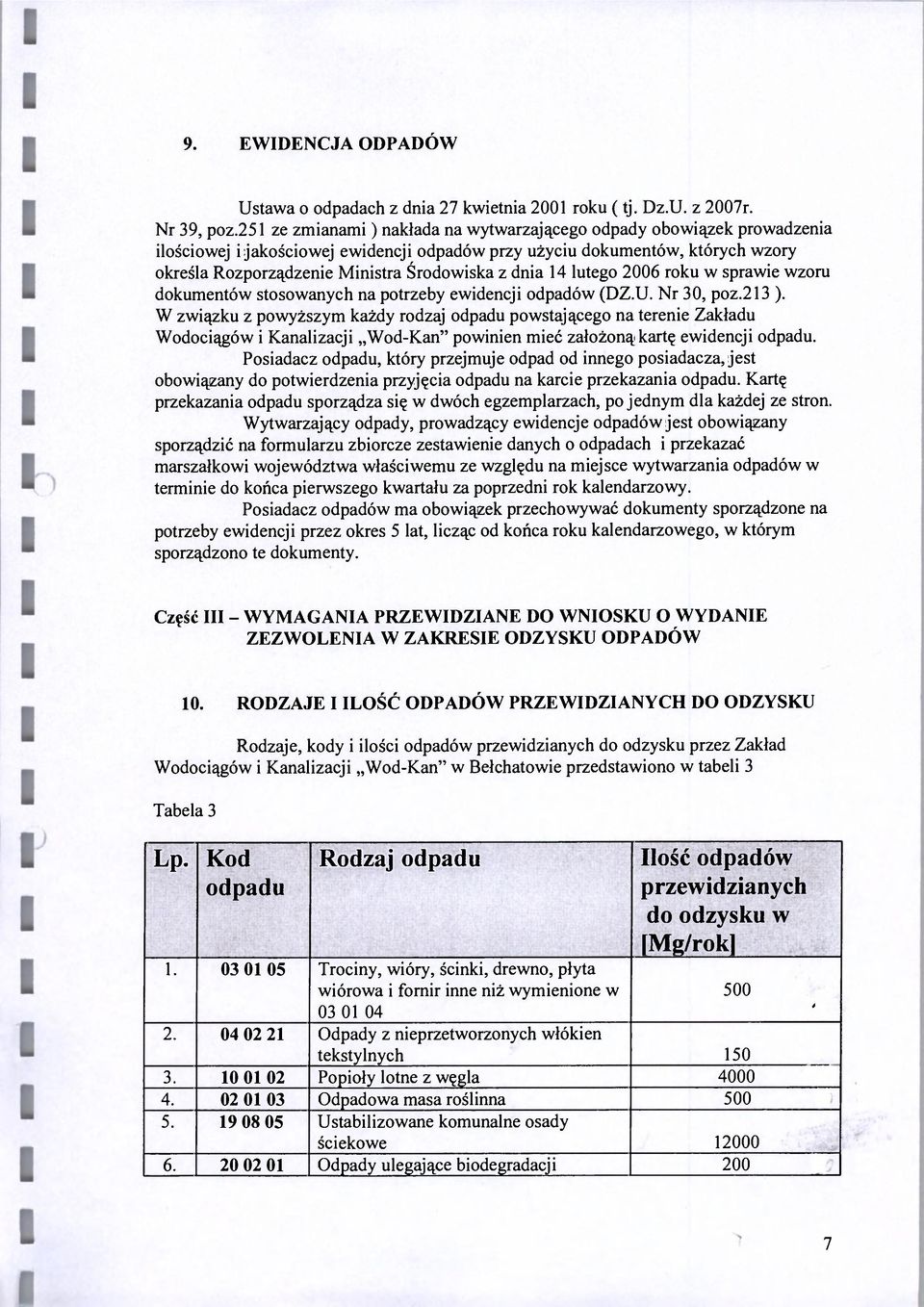 dnia 14 lutego 2006 roku w sprawie wzoru dokumentów stosowanych na potrzeby ewidencji odpadów (DZ.U. Nr 30, poz.213 ).