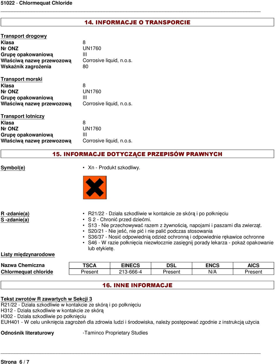 R -zdanie(a) S -zdanie(a) Listy międzynarodowe R21/22 - Działa szkodliwie w kontakcie ze skórą i po połknięciu S 2 - Chronić przed dziećmi.