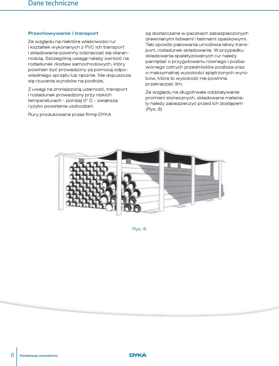Z uwagi na zmniejszoną udarność, transport i rozładunek prowadzony przy niskich temperaturach - poniżej 0 C - zwiększa ryzyko powstania uszkodzeń. Rury produkowane przez fi rmę DYKA Rys.