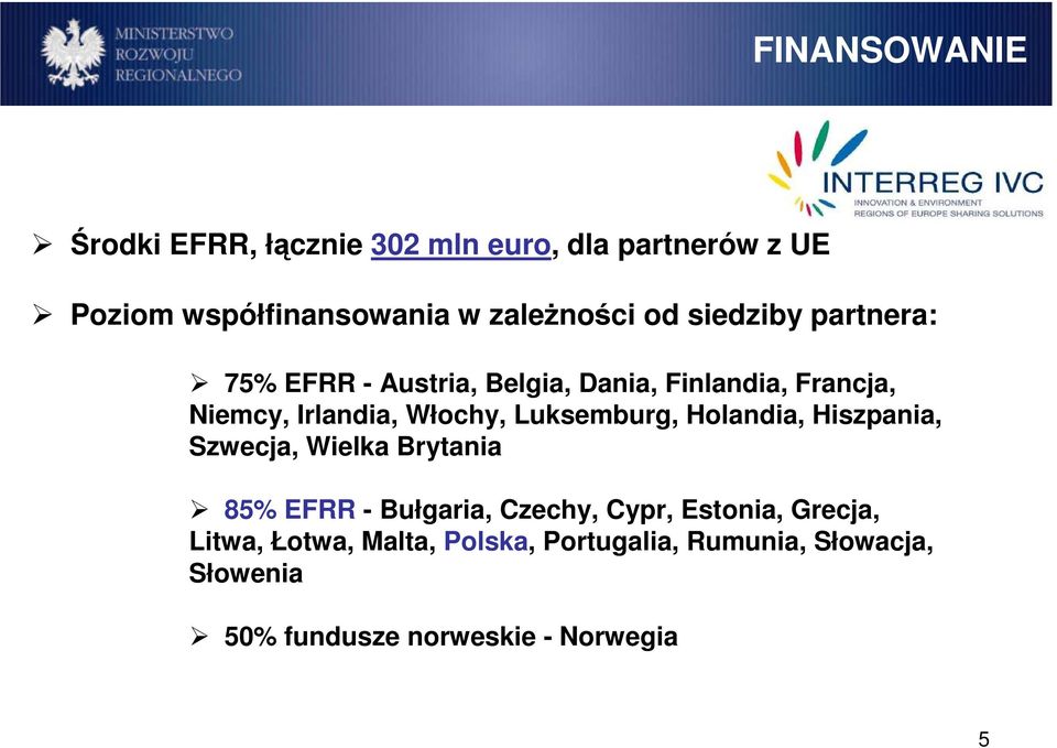 Luksemburg, Holandia, Hiszpania, Szwecja, Wielka Brytania 85% EFRR - Bułgaria, Czechy, Cypr, Estonia,